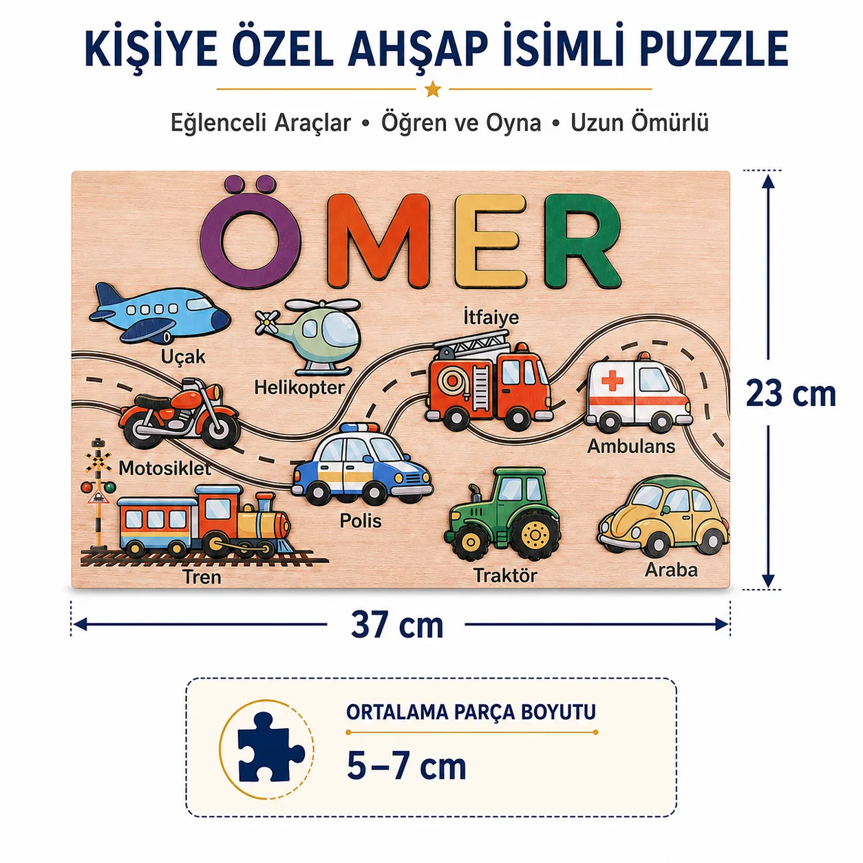İsme Özel Eğitici Ahşap Puzzle – Araçlar ürün fotoğrafı 5
